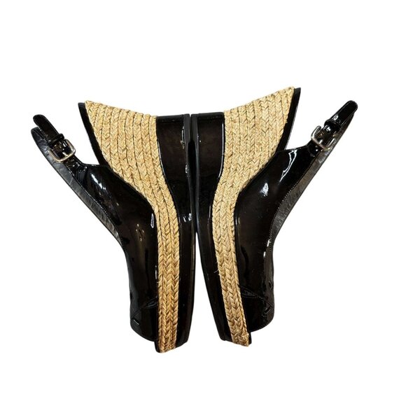 Stuart Weitzman Black Patent Leather Peep Toe Slingback Wedge Sandals Size 8M - Picture 2 of 9